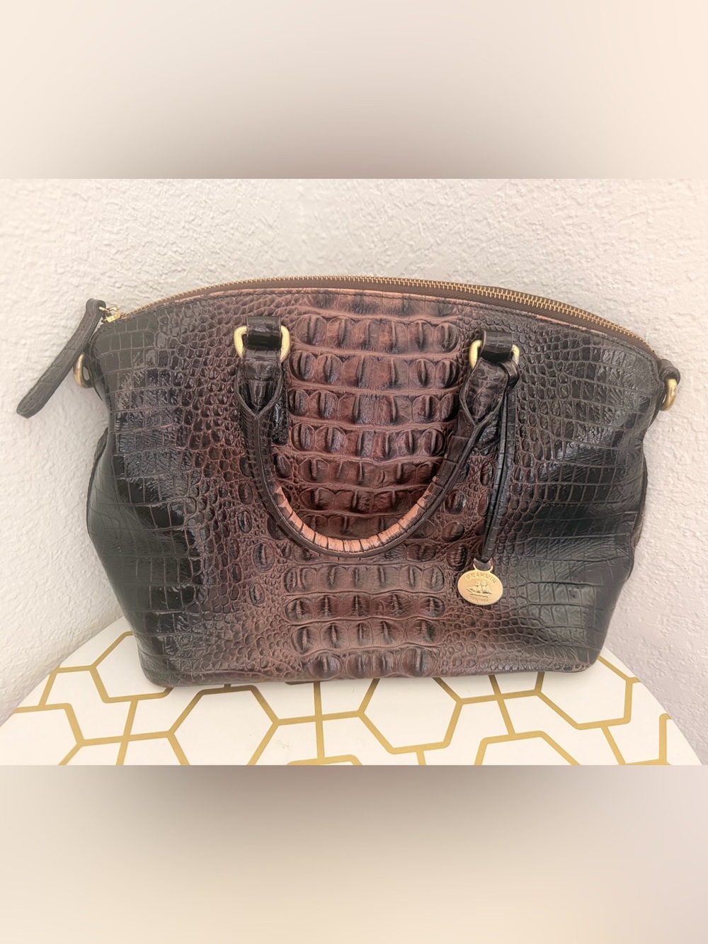 Brahmin Brown Duxbury Croc-Embossed Satchel with Gold Hardware
